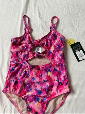 Kids Pink Floral Cutout One-Piece Swimsuit - Brand: not visible